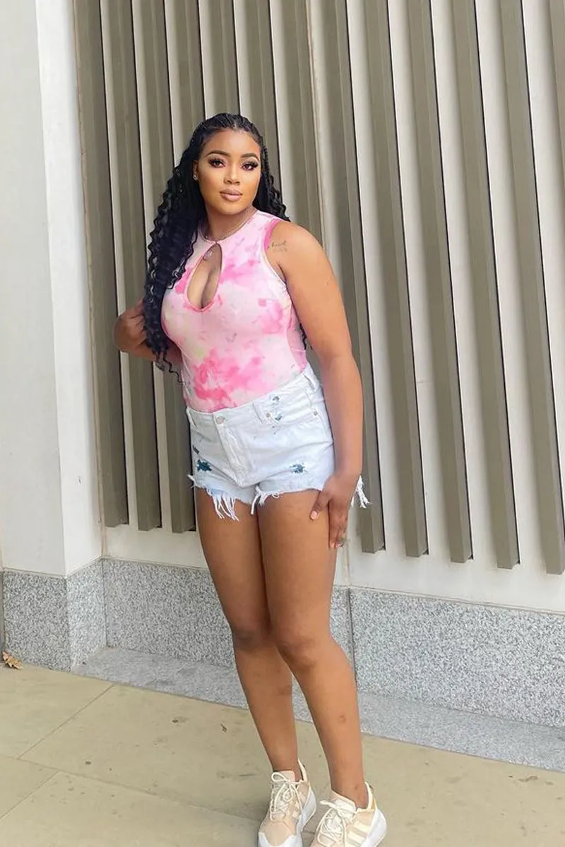 Pink Smudge Printed Mesh Key Hole Bodysuit - Ella