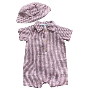 Rust Gingham Polo Romper with Bucket Hat