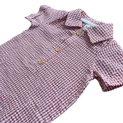 Rust Gingham Polo Romper with Bucket Hat