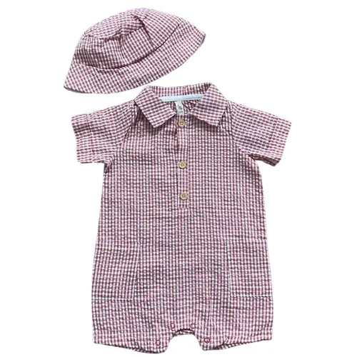 Rust Gingham Polo Romper with Bucket Hat