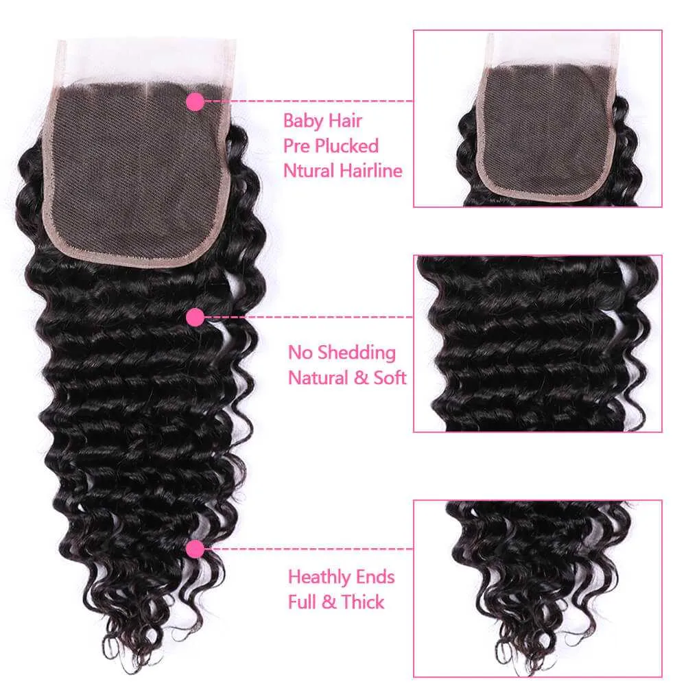 Sdamey 4x4 Lace Closure Brazilian Deep Wave Human Hair Lace Closure