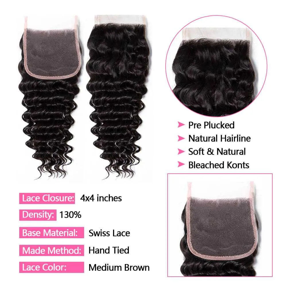Sdamey 4x4 Lace Closure Brazilian Deep Wave Human Hair Lace Closure