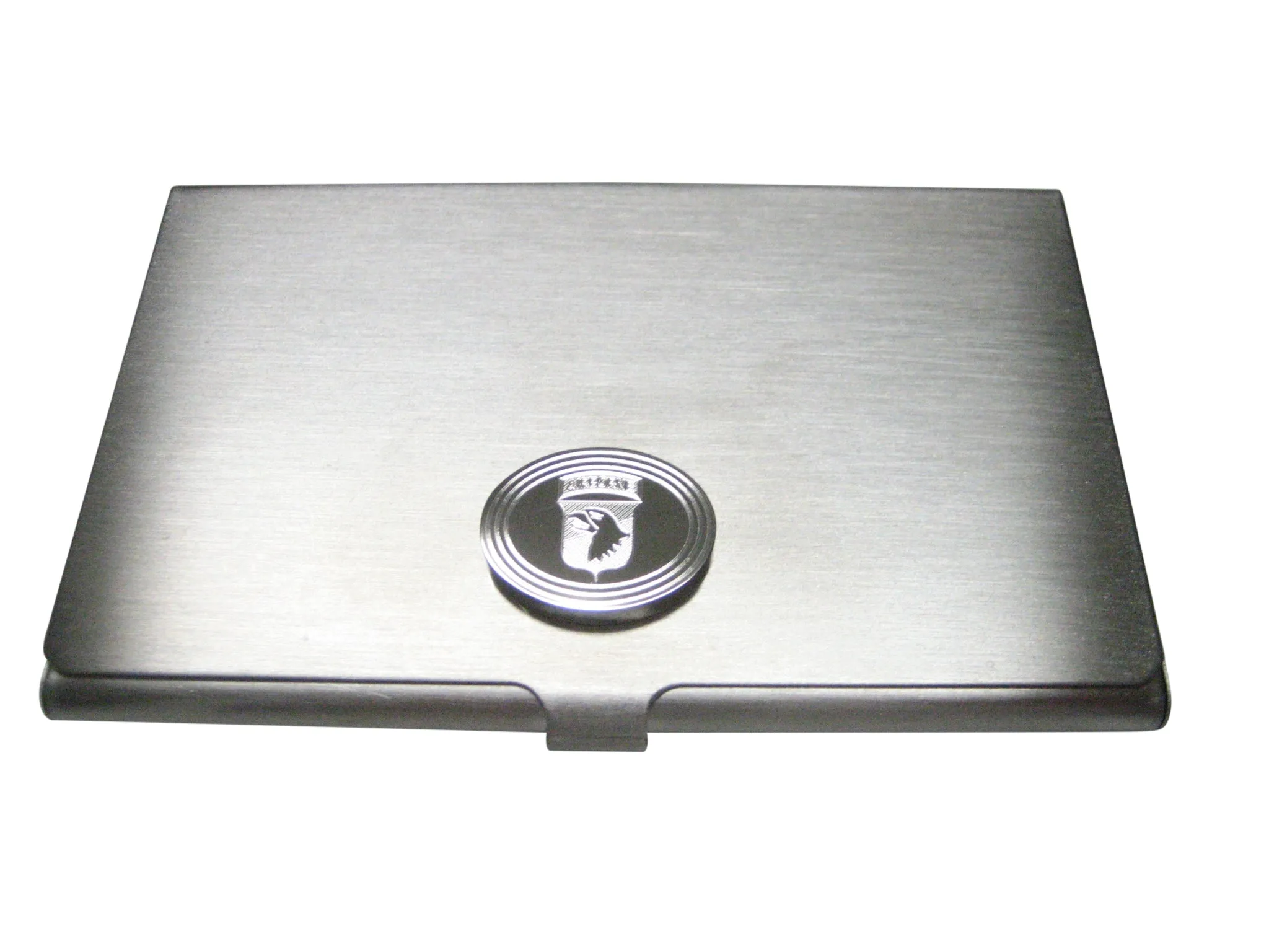 Silver Toned Etched Oval Airborne Design Business Card Holder