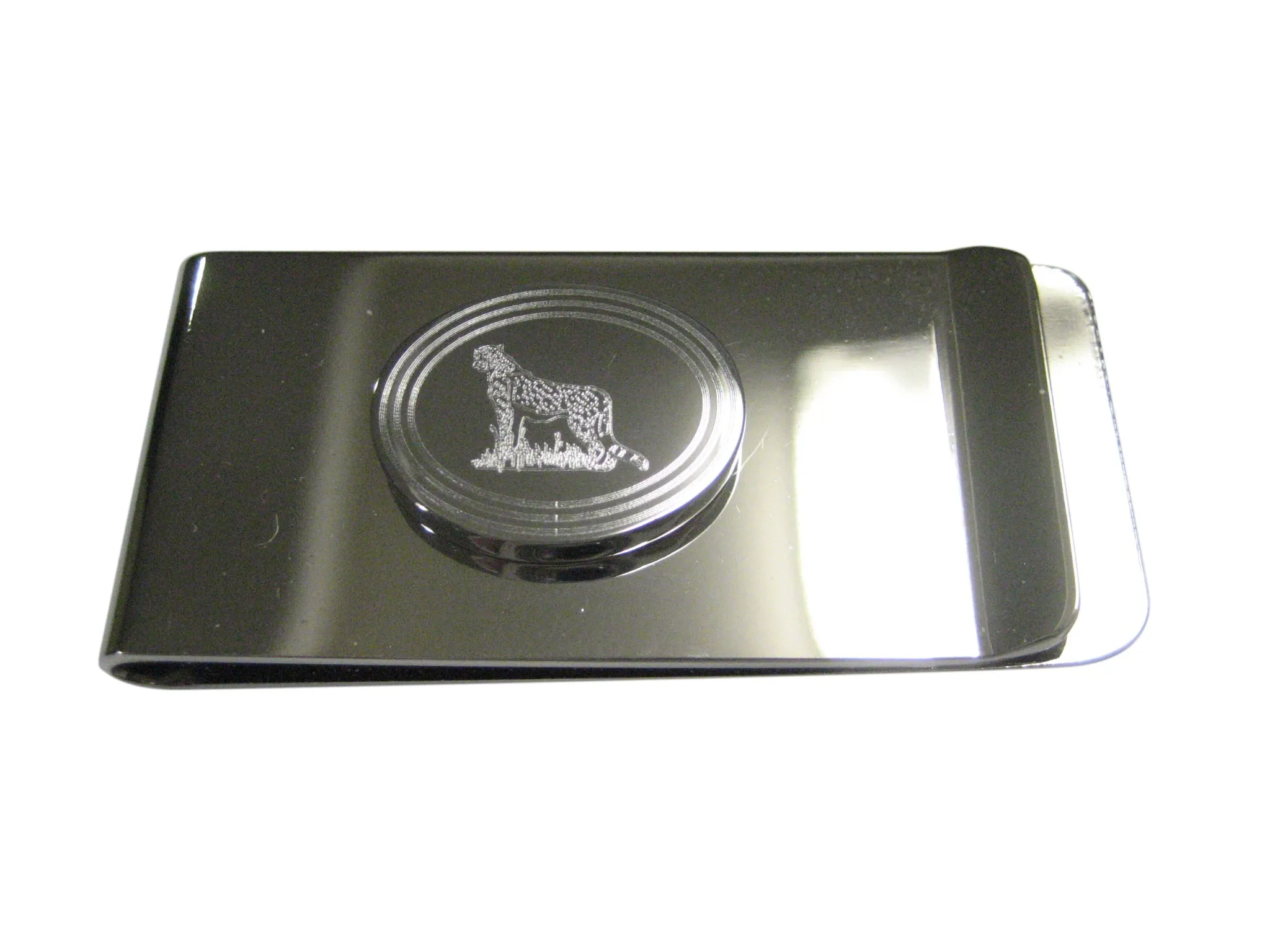 Silver Toned Etched Oval Cheetah Money Clip