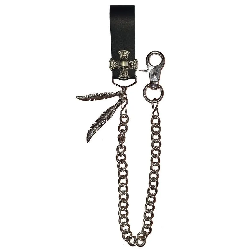 Skull on Iron Cros Leather Wallet Chain - Biker Motorcycle Wallet Chain Acessory