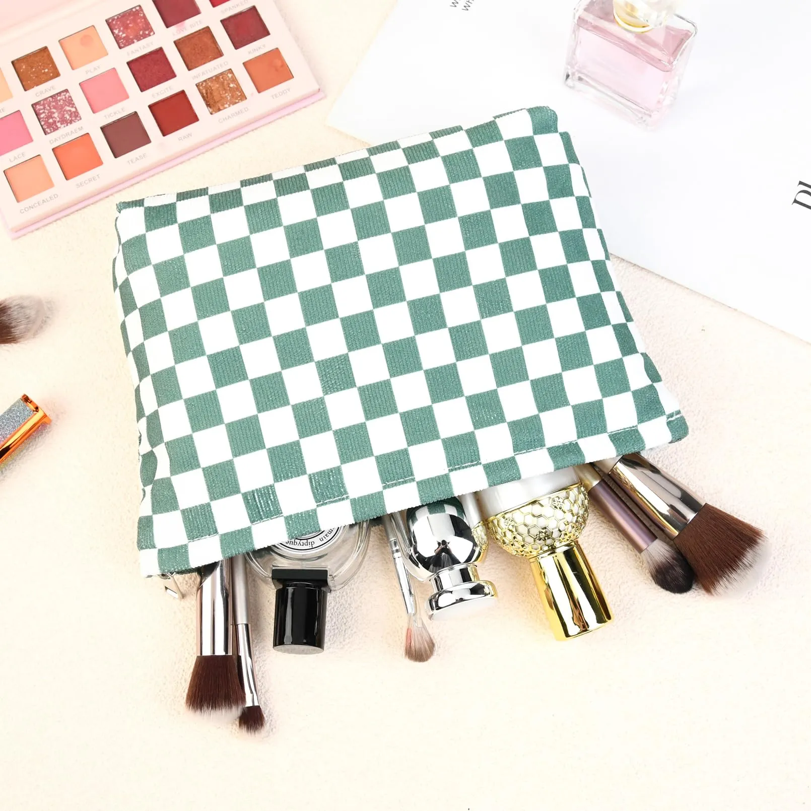 SOIDRAM 2 Pcs Checkered Makeup Bag Large Cosmetic Bag Toiletry Bag Makeup Pouch Travel Bag Organizer Cute Makeup Brushes Aesthetic Accessories Storage Bag for Women Olive Green