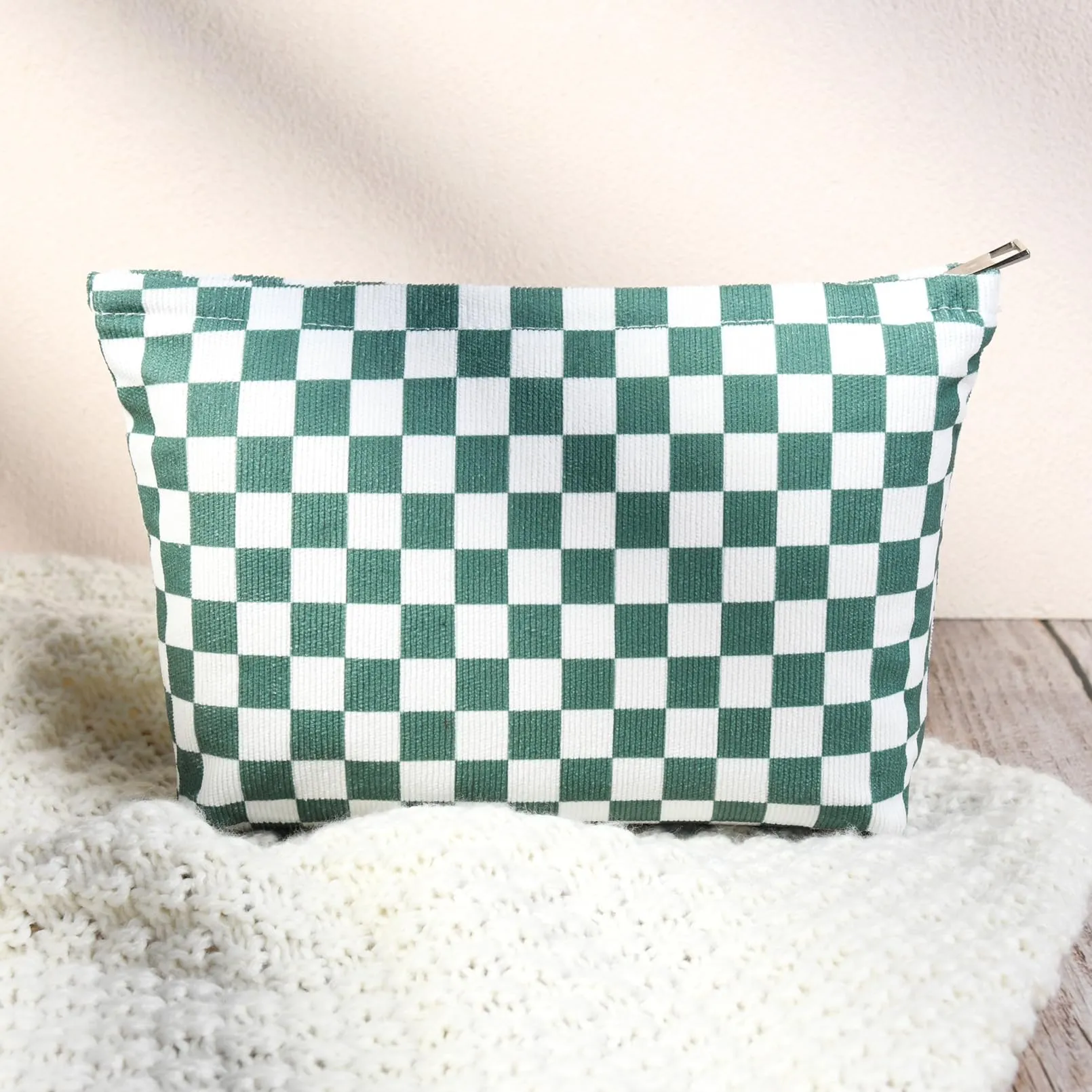 SOIDRAM 2 Pcs Checkered Makeup Bag Large Cosmetic Bag Toiletry Bag Makeup Pouch Travel Bag Organizer Cute Makeup Brushes Aesthetic Accessories Storage Bag for Women Olive Green