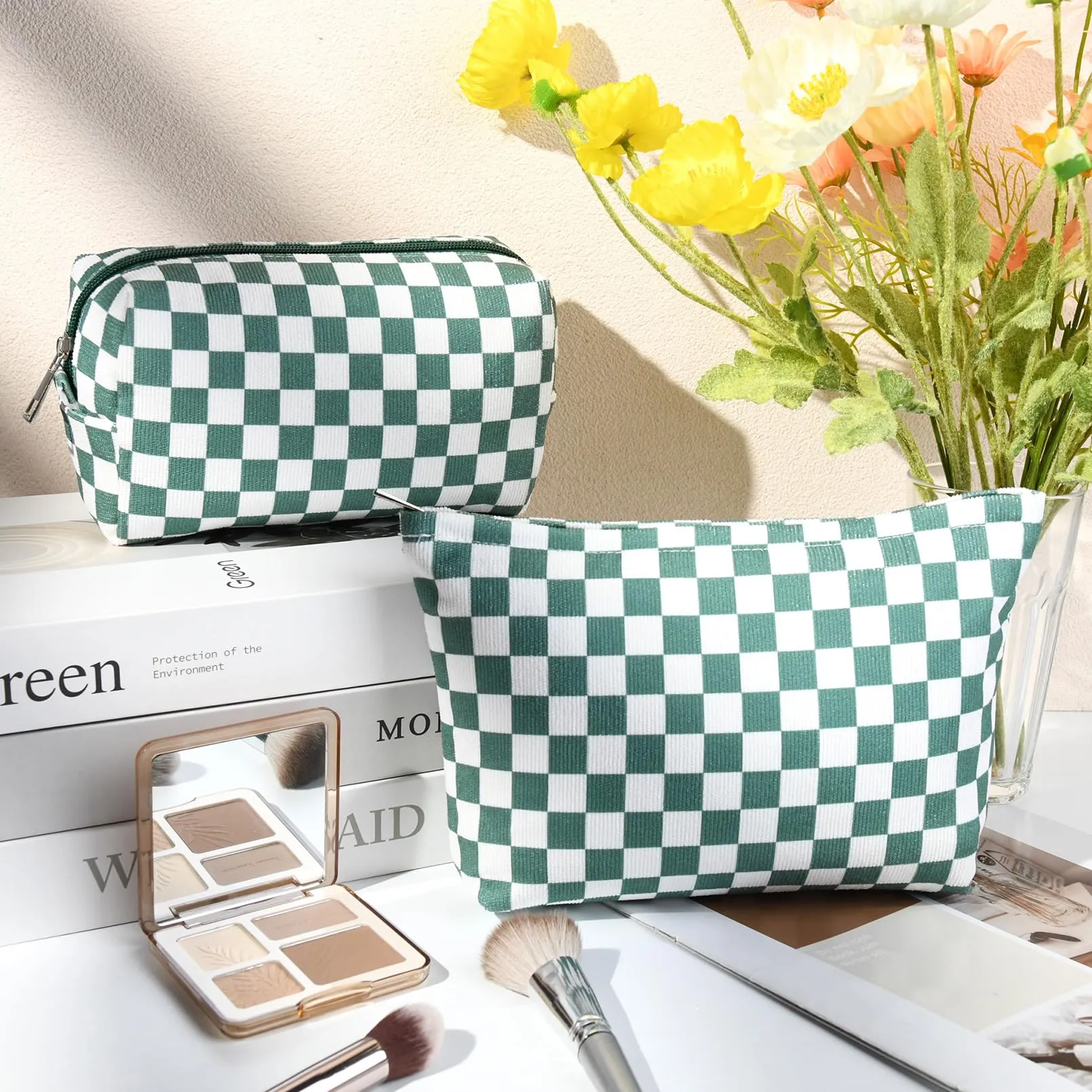 SOIDRAM 2 Pcs Checkered Makeup Bag Large Cosmetic Bag Toiletry Bag Makeup Pouch Travel Bag Organizer Cute Makeup Brushes Aesthetic Accessories Storage Bag for Women Olive Green