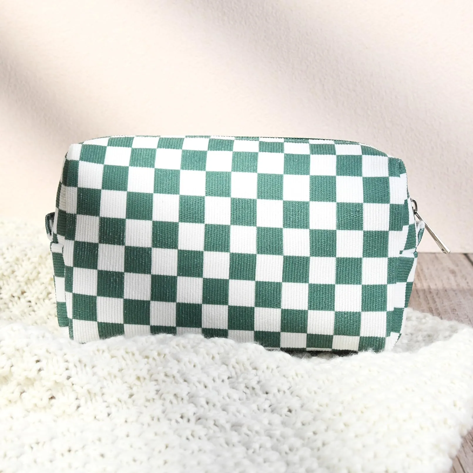 SOIDRAM 2 Pcs Checkered Makeup Bag Large Cosmetic Bag Toiletry Bag Makeup Pouch Travel Bag Organizer Cute Makeup Brushes Aesthetic Accessories Storage Bag for Women Olive Green