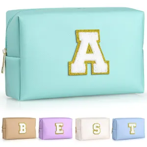 TOPEAST Preppy Makeup Bag, Personalized Initial Bags with Zipper, Cute Makeup Pouch, PU Leather Waterproof Cosmetic Bag, Birthday Gift for Daughter, Preppy Things for Girls (Blue A)