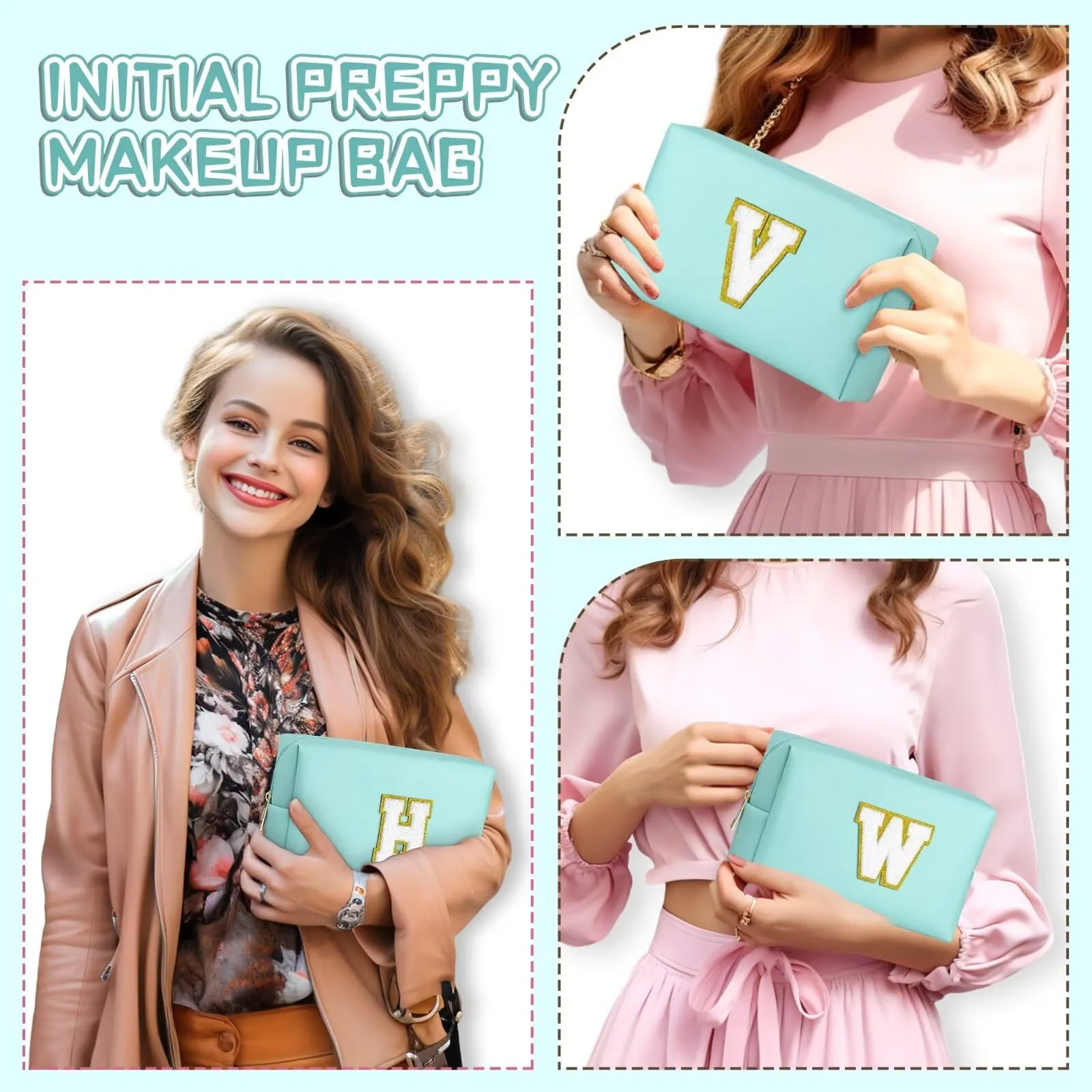 TOPEAST Preppy Makeup Bag, Personalized Initial Bags with Zipper, Cute Makeup Pouch, PU Leather Waterproof Cosmetic Bag, Birthday Gift for Daughter, Preppy Things for Girls (Blue A)