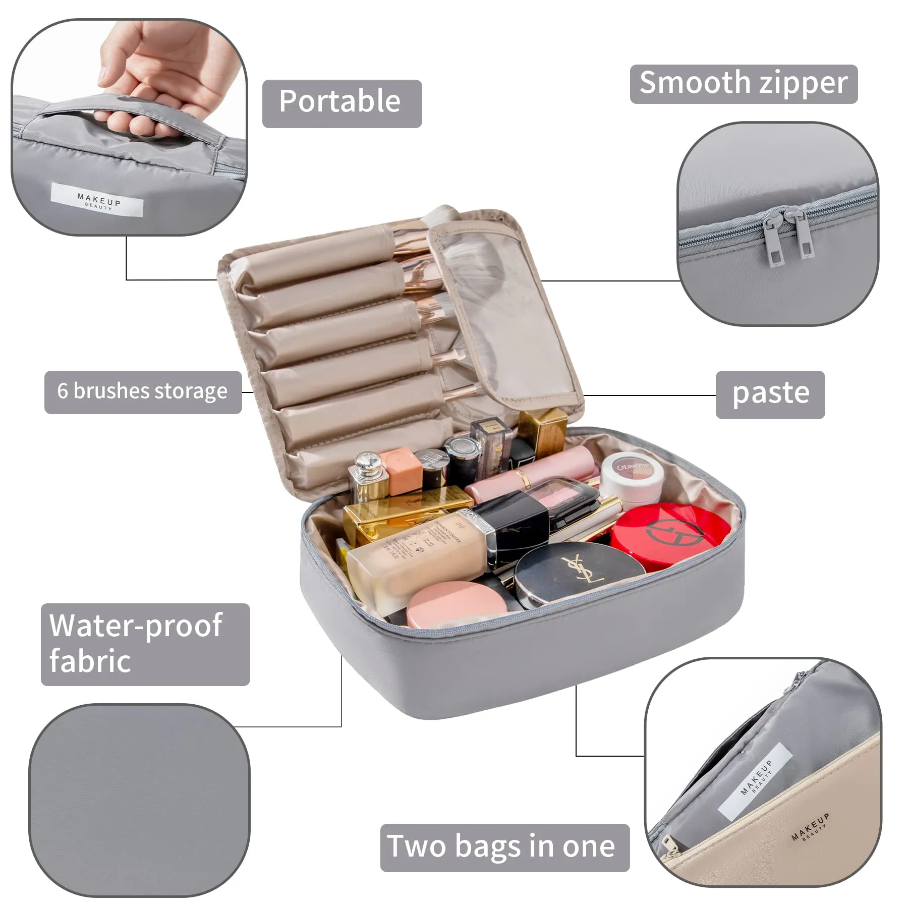 Travel Makeup Bag Cosmetic Bag Makeup Bag Toiletry bag for women and men (Grey)