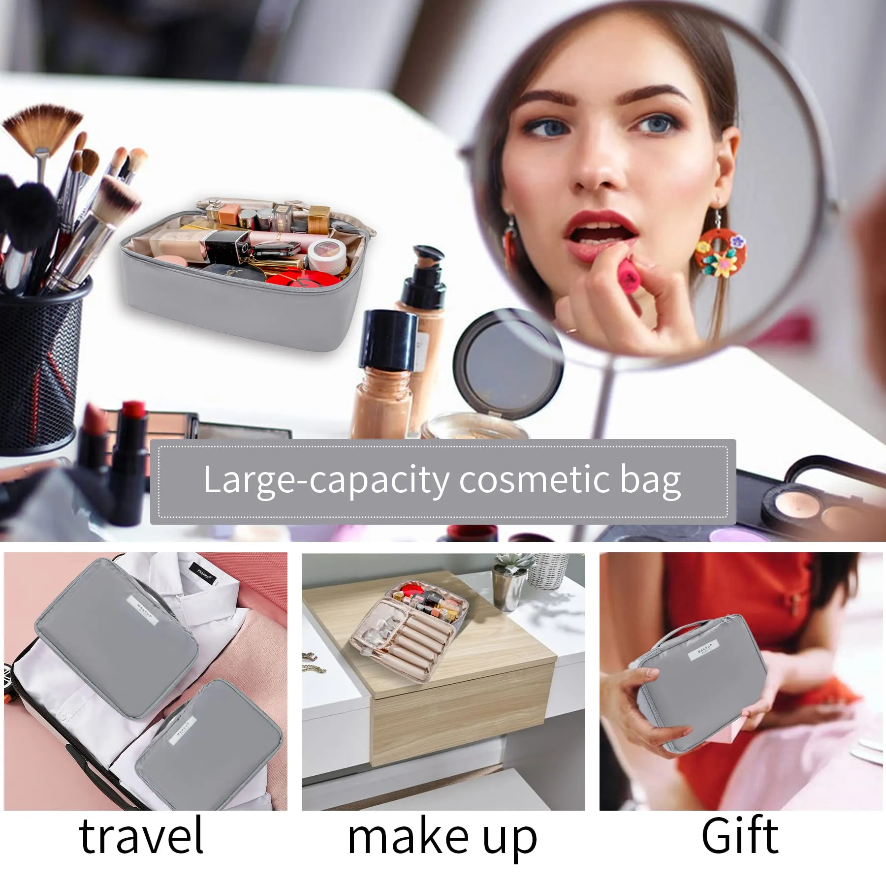 Travel Makeup Bag Cosmetic Bag Makeup Bag Toiletry bag for women and men (Grey)