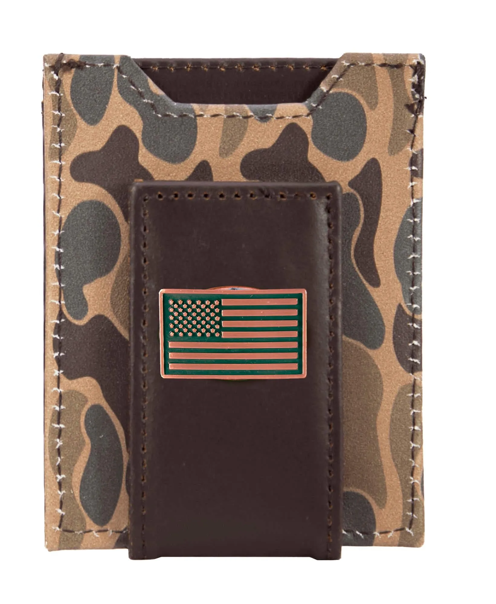USA Flag Men's Magnetic Front Pocket Old School Camo Leather Wallet.