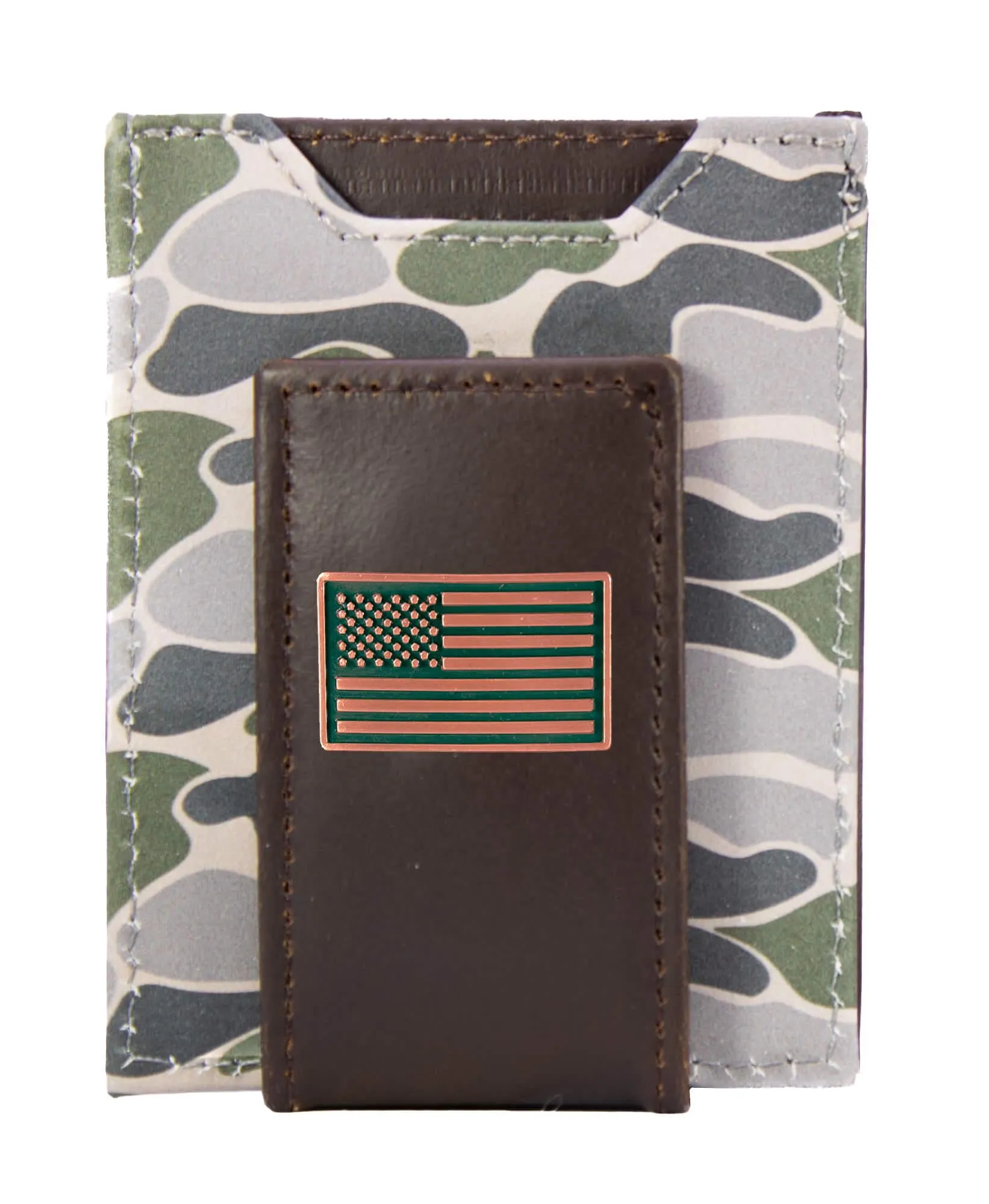 USA Flag Men's Magnetic Front Pocket Old School Camo Leather Wallet.