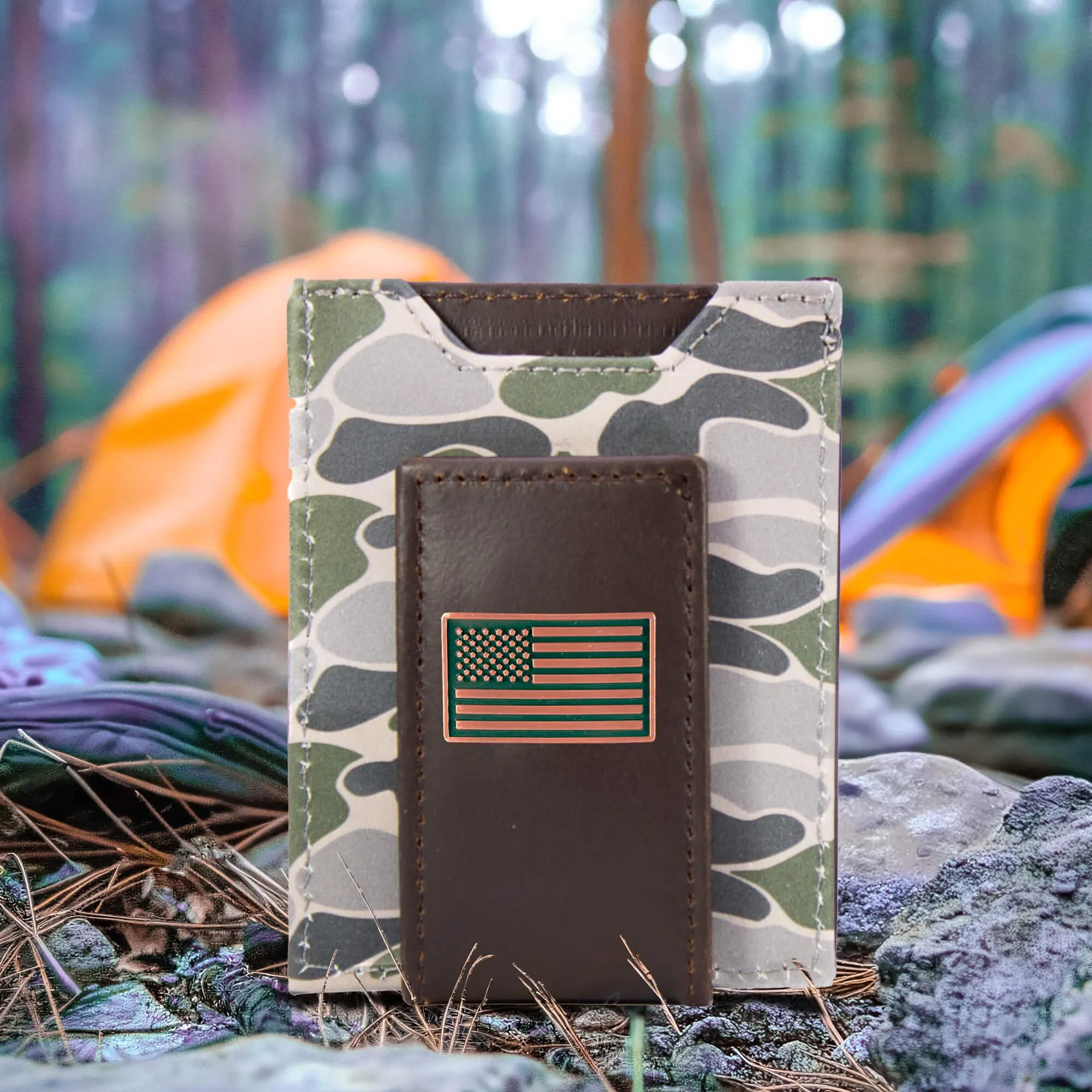 USA Flag Men's Magnetic Front Pocket Old School Camo Leather Wallet.