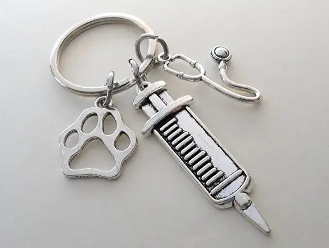 Veterinarian Appreciation Keychain, Veterinary Hospital Staff Gift, Pet & Animal Care Medical Professional; Paw Print, Syringe & Stethoscope Charm Keychain