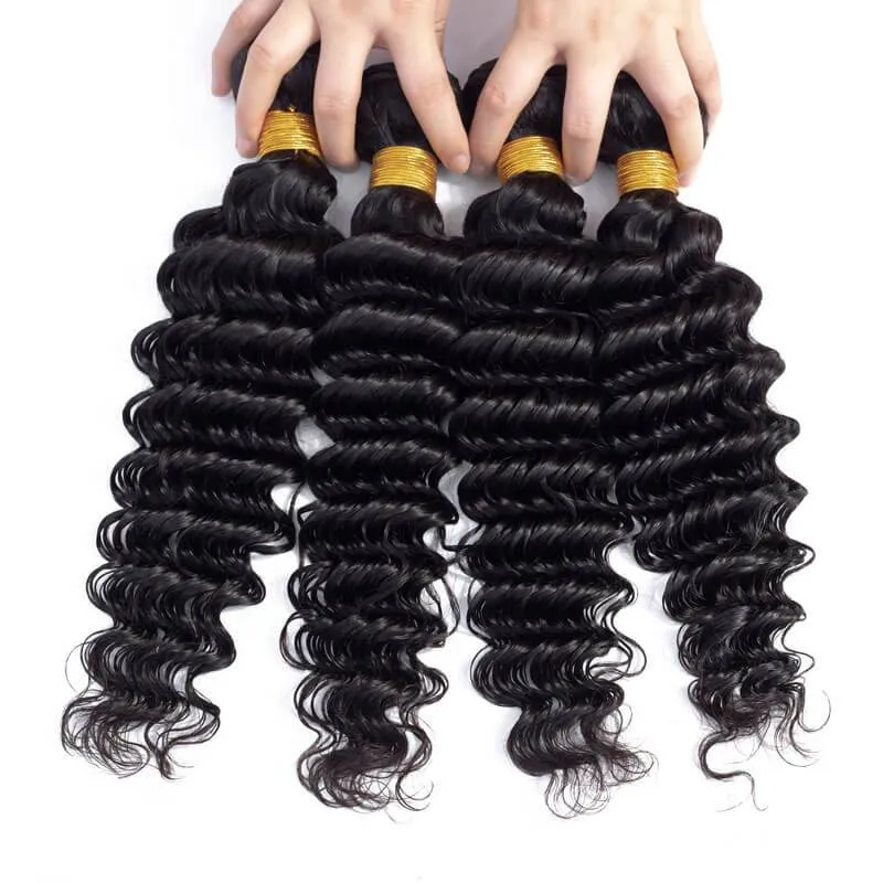 Wavymy Deep Wave Human Hair Weave 4 Bundles with 5x5 Lace Closure