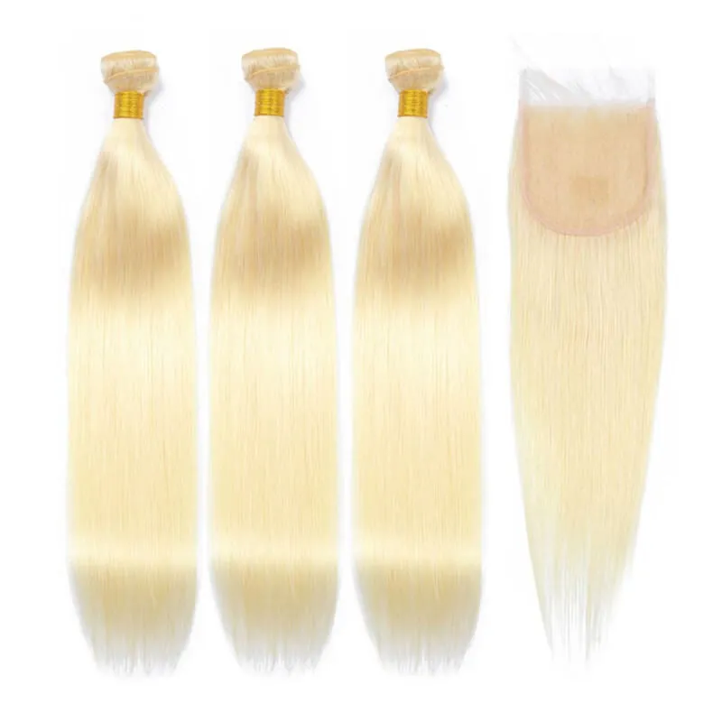 Wavymy Virgin Human Hair 613 Blonde Straight Hair Weave 3 Bundles With 4x4 Lace Closure