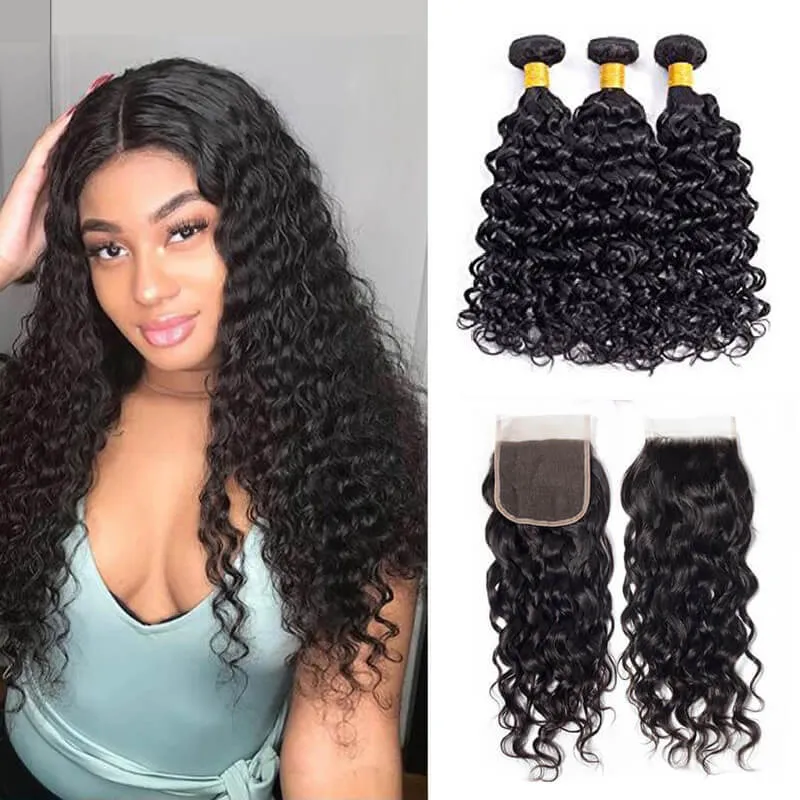 Wavymy Water Wave 5x5 Lace Closure With 3 Bundles Human Hair Weave