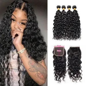 Wavymy Water Wave Natural Black Human Hair Weave 4 Bundles with 5x5 HD Lace Closure