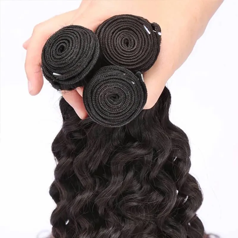Wavymy Water Wave Natural Black Human Hair Weave 4 Bundles with 5x5 HD Lace Closure