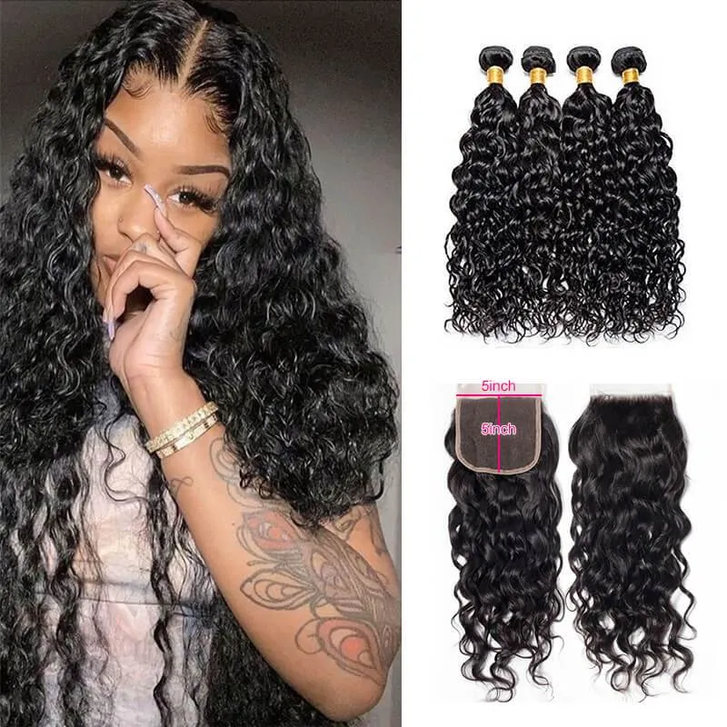 Wavymy Water Wave Natural Black Human Hair Weave 4 Bundles with 5x5 HD Lace Closure
