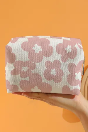 White Flowers Print Zipper Canvas Cosmetic Bag